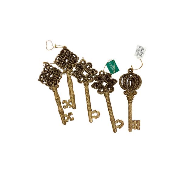 Kurt Adler set of 5 Gold Glitter Key Christmas Tree Ornaments - Picture 2 of 7